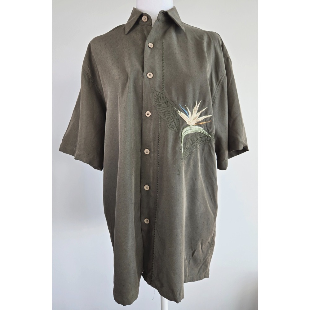 Bamboo Cay Camp Shirt‎ Forest Green Emboidery Hawaiian Short Sleeves M Sz Small